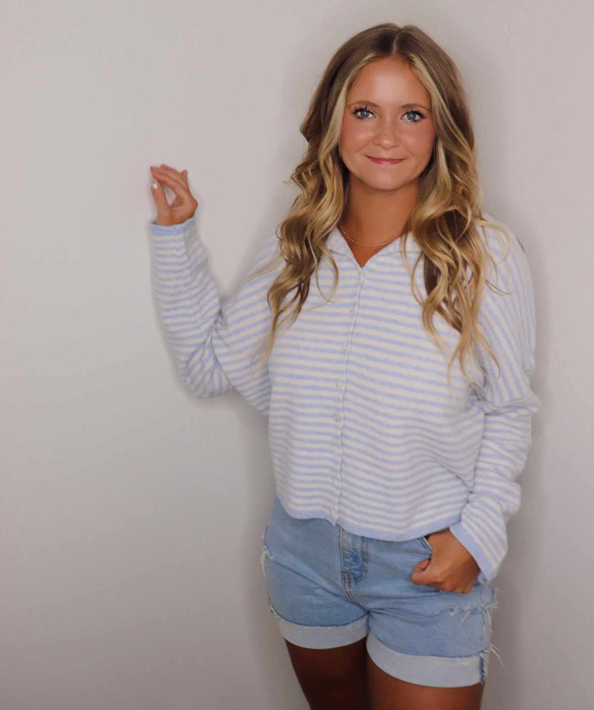 Collins Cardigan - Light Blue + Cream