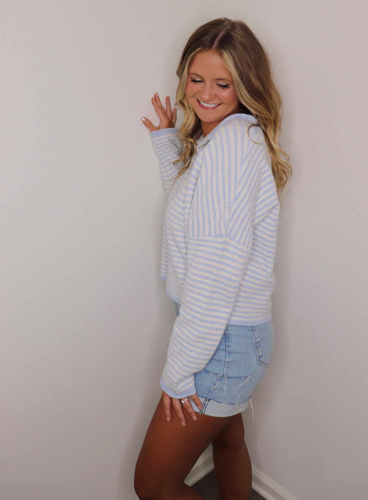 Collins Cardigan - Light Blue + Cream