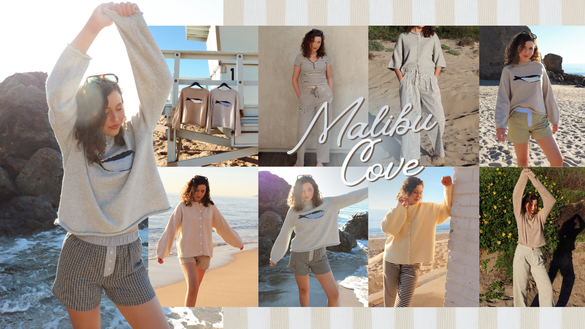 Collage of a woman in various pictures by a coastal setting with 'Malibu Cove' branding.