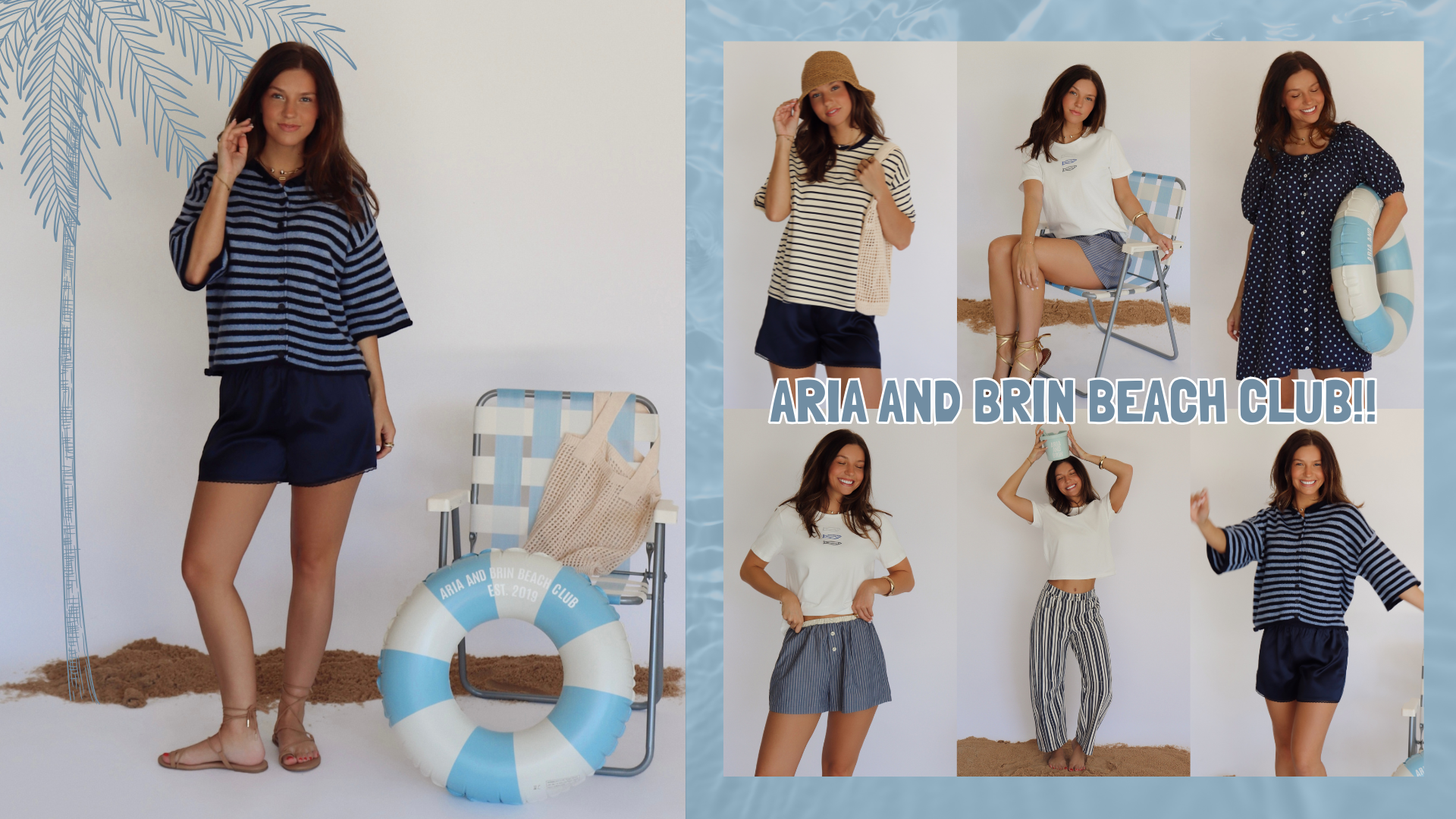 Woman in beach attire with a buoy, surrounded by smaller images of her in different poses with text 'Aria and Brin Beach Club'.