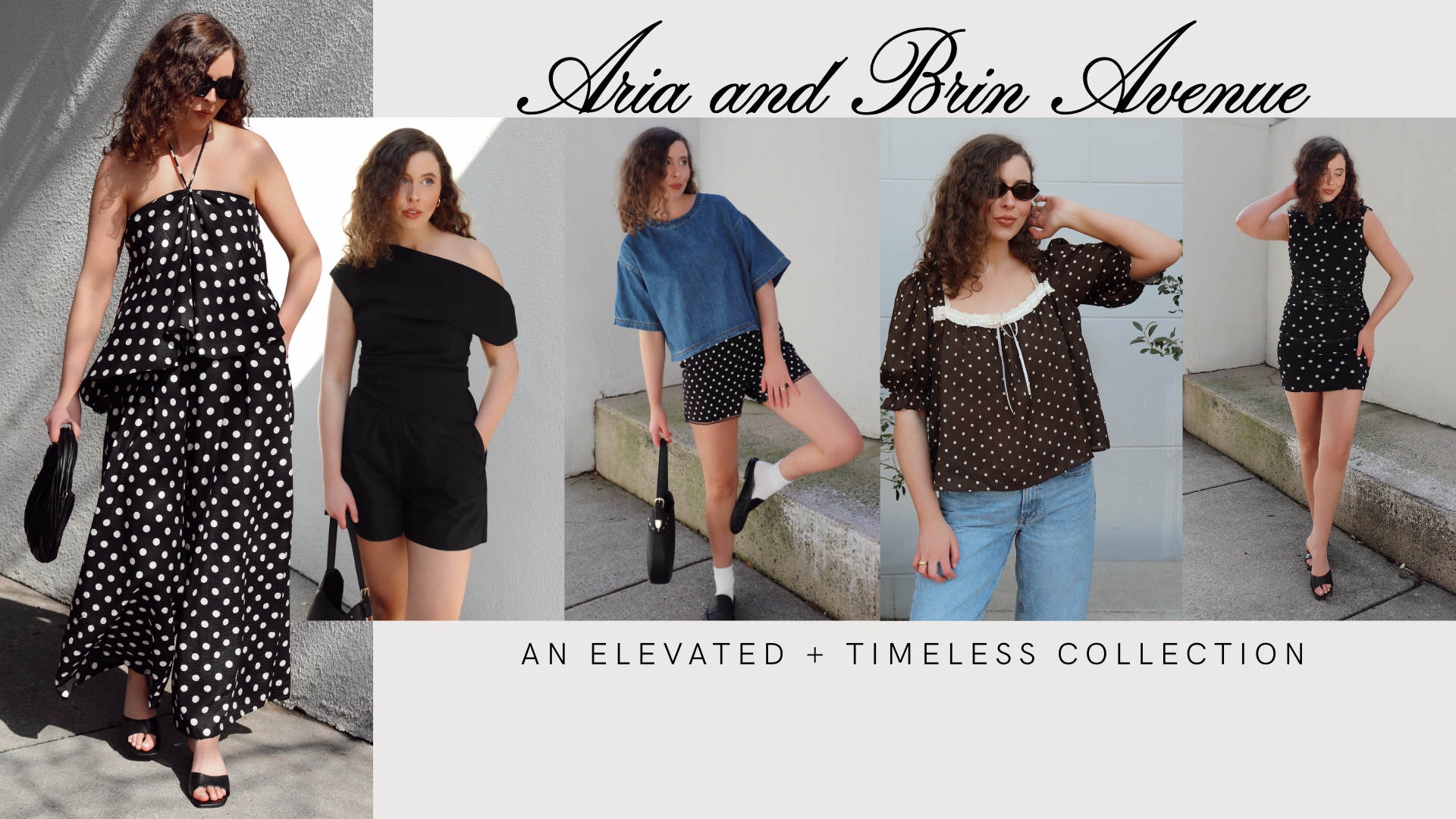 Collage of woman wearing various outfits with 'Aria and Brin Avenue' branding.