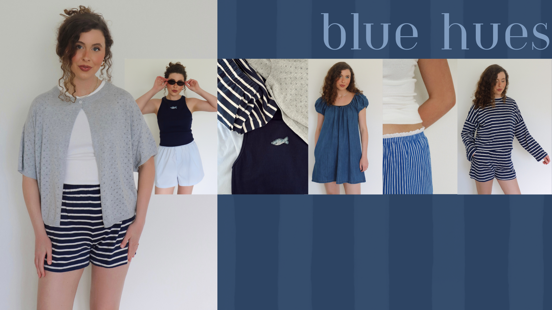 Collage of person wearing blue-themed clothing with 'blue hues' text overlay.