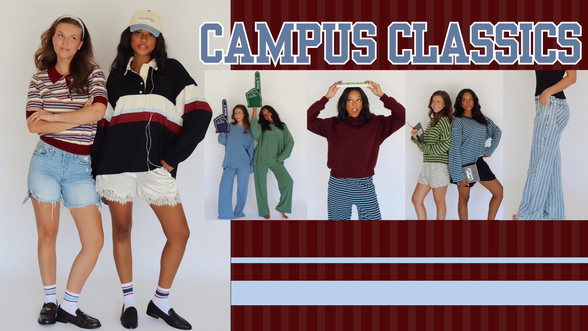 a promotional graphic for CAMPUS CLASSICS featuring models in varsity themed clothing
