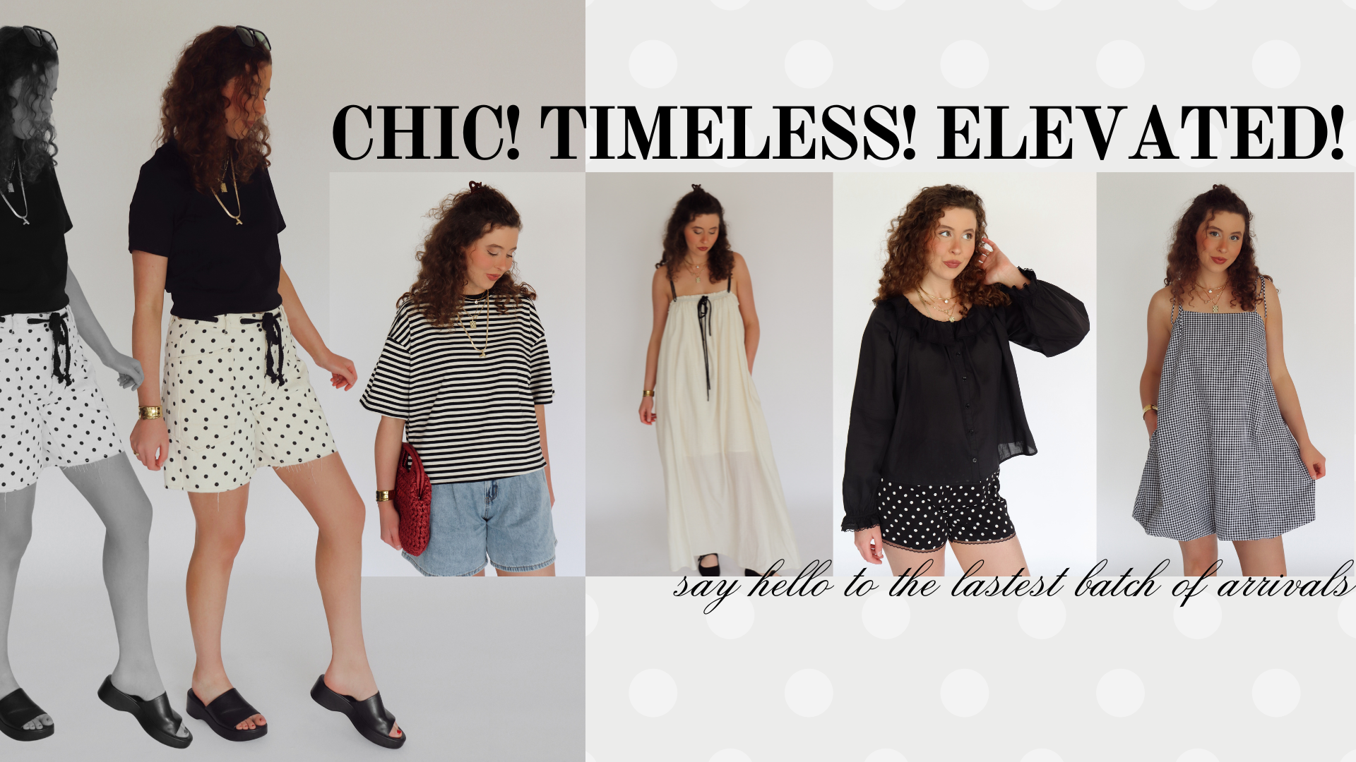 Collage of woman wearing various outfits with text promoting new arrivals.