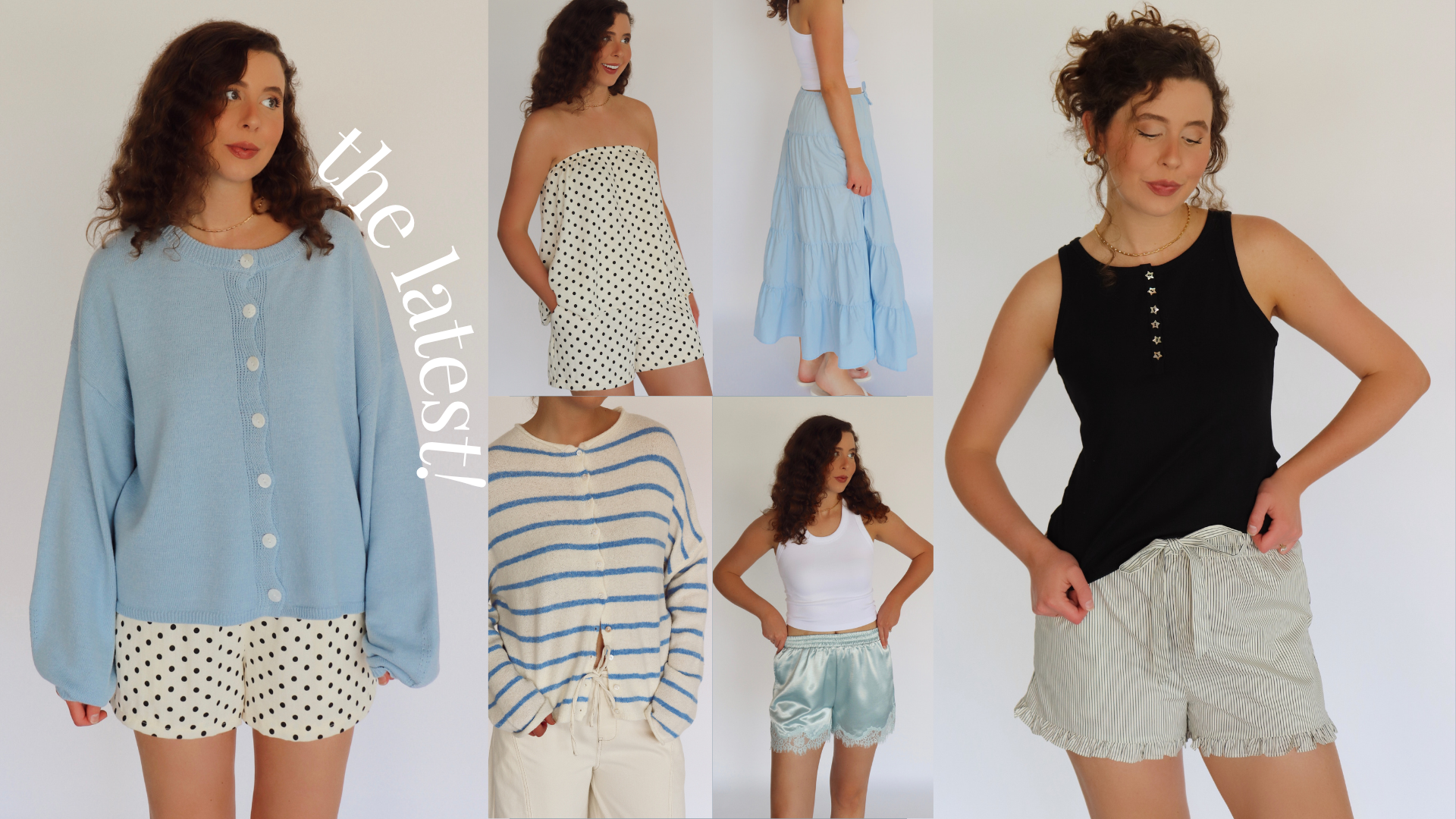 collage of woman wearing various outfits with "the latest" text