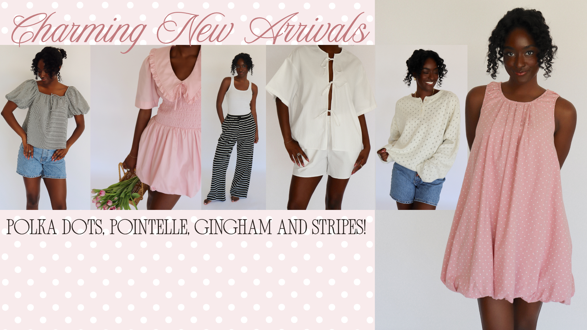 Promotional image of woman wearing various outfits with text about new arrivals and fabric patterns.