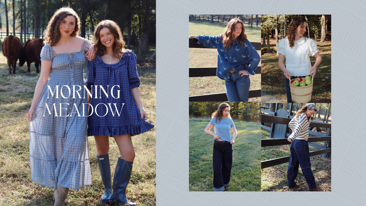 women wearing denim, gingham and eyelet in an outdoor setting. MORNING MEADOW as promotional text
