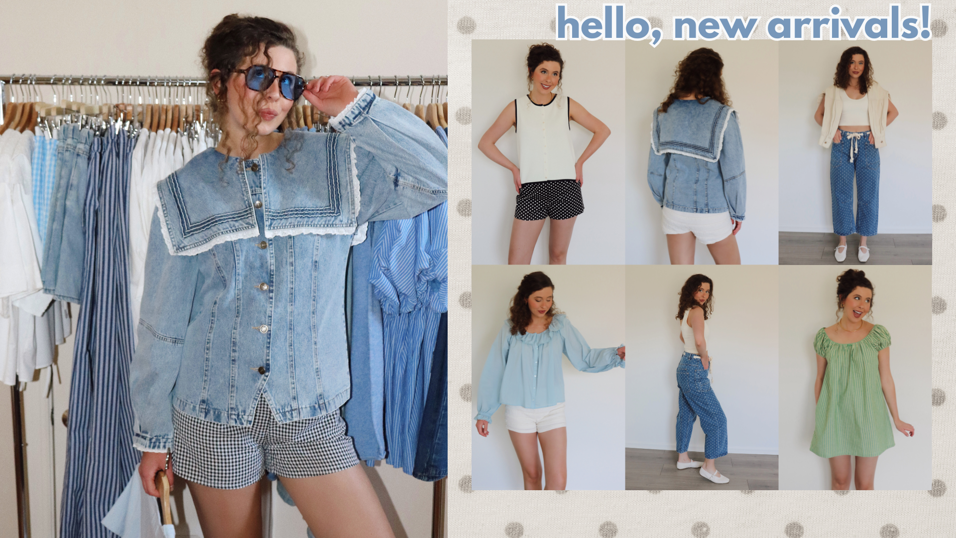 Woman wearing a denim jacket with a rack of clothes in the background and multiple outfit changes displayed.