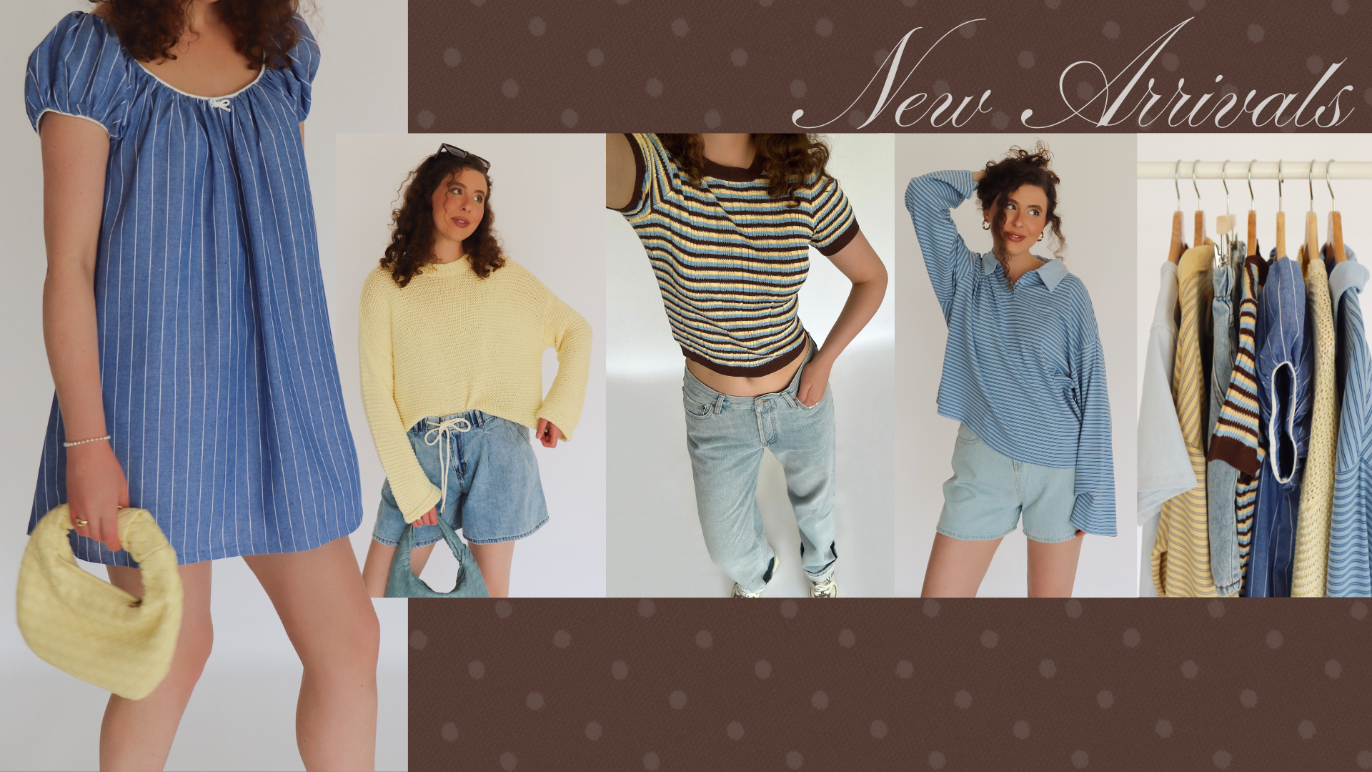 a collage of photos - a woman wearing blue, brown and yellow outfits. "new arrivals" is on the screen in a script style text