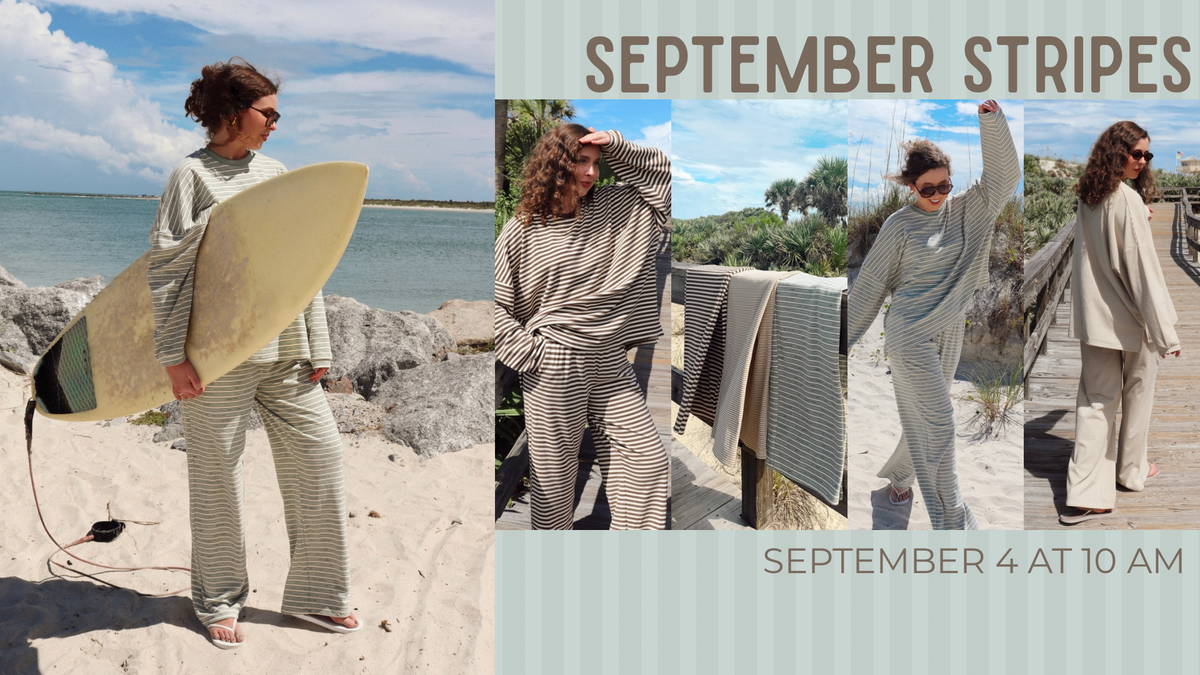 A promotional collage for a September striped outfit, featuring a woman on a beach wearing a mint green and white striped long-sleeve top and matching striped pants, holding a surfboard. The right side includes smaller photos of the same style of outfit in different poses, with the text 'SEPTEMBER STRIPES' and 'SEPTEMBER 4 AT 10 AM' on a pale green background.