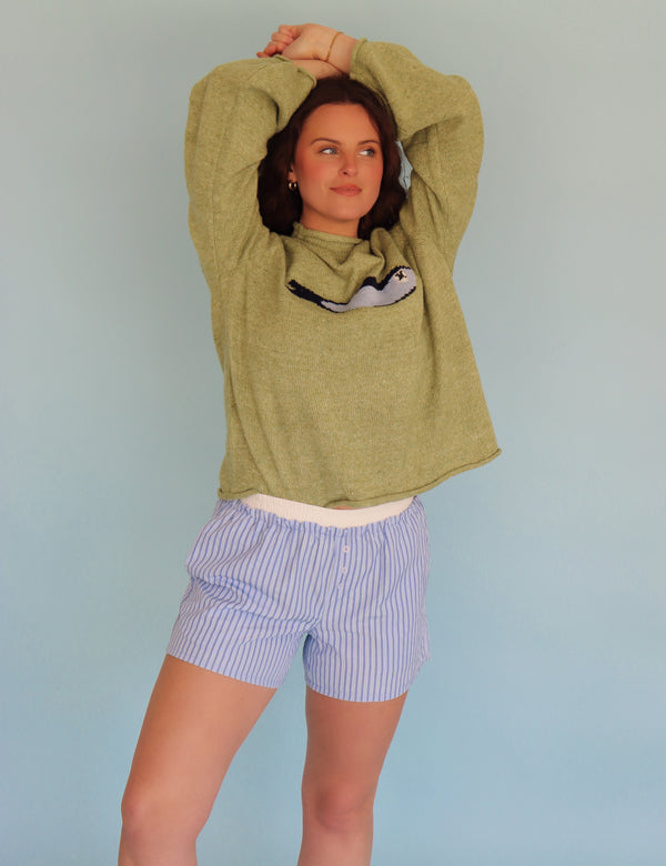 Person wearing a green sweater and striped shorts against a light blue background