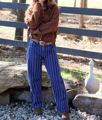 A person standing outdoors in front of a wooden fence, wearing a brown knit cardigan, blue striped jeans, a brown belt, and brown boots. A white goose statue and rocks are visible in the background.