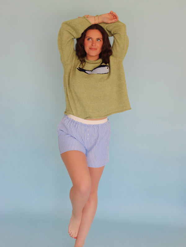 Person wearing a green sweater and striped shorts against a light blue background