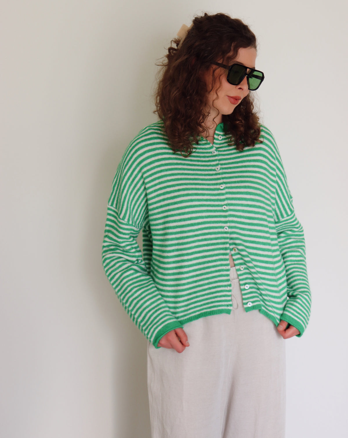Collins Cardigan - White + Green
