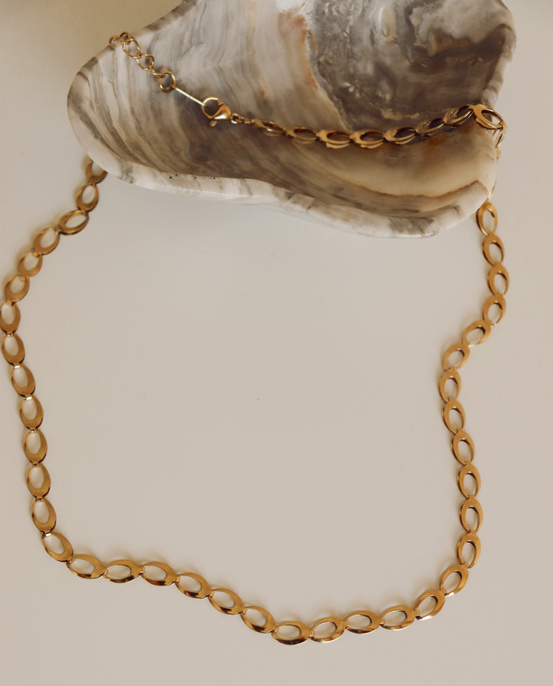 Gold chain necklace on a shell