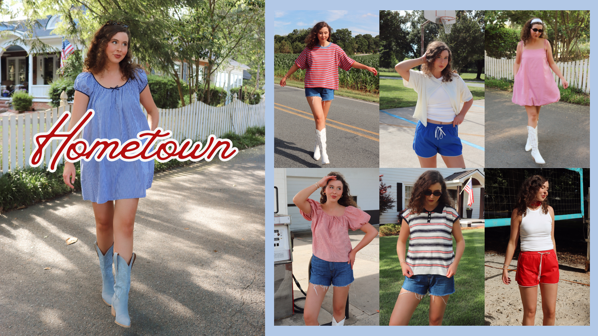 Collage of a woman in various outfits with 'Hometown' branding.