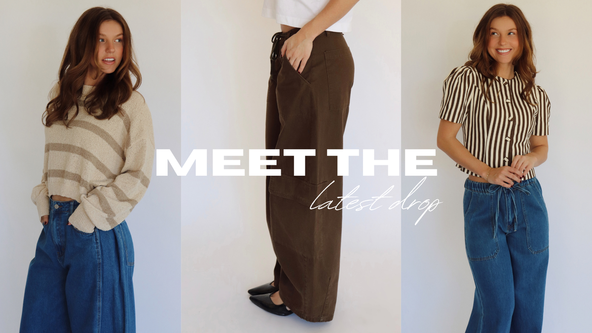 a website banner with 3 photos of a woman  modeling neutral clothes with the promotional text: meet the latest drop