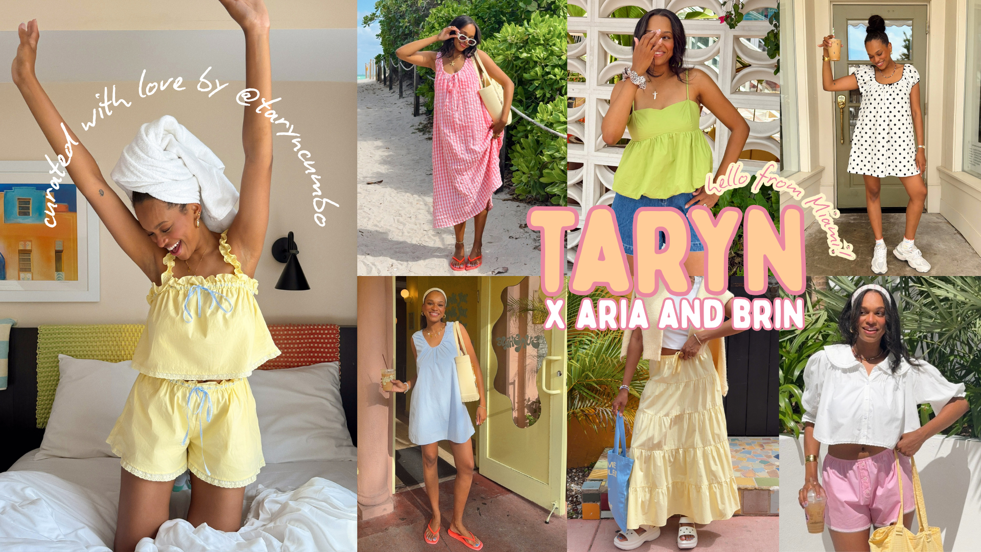 Collage of a woman in various outfits with text overlay