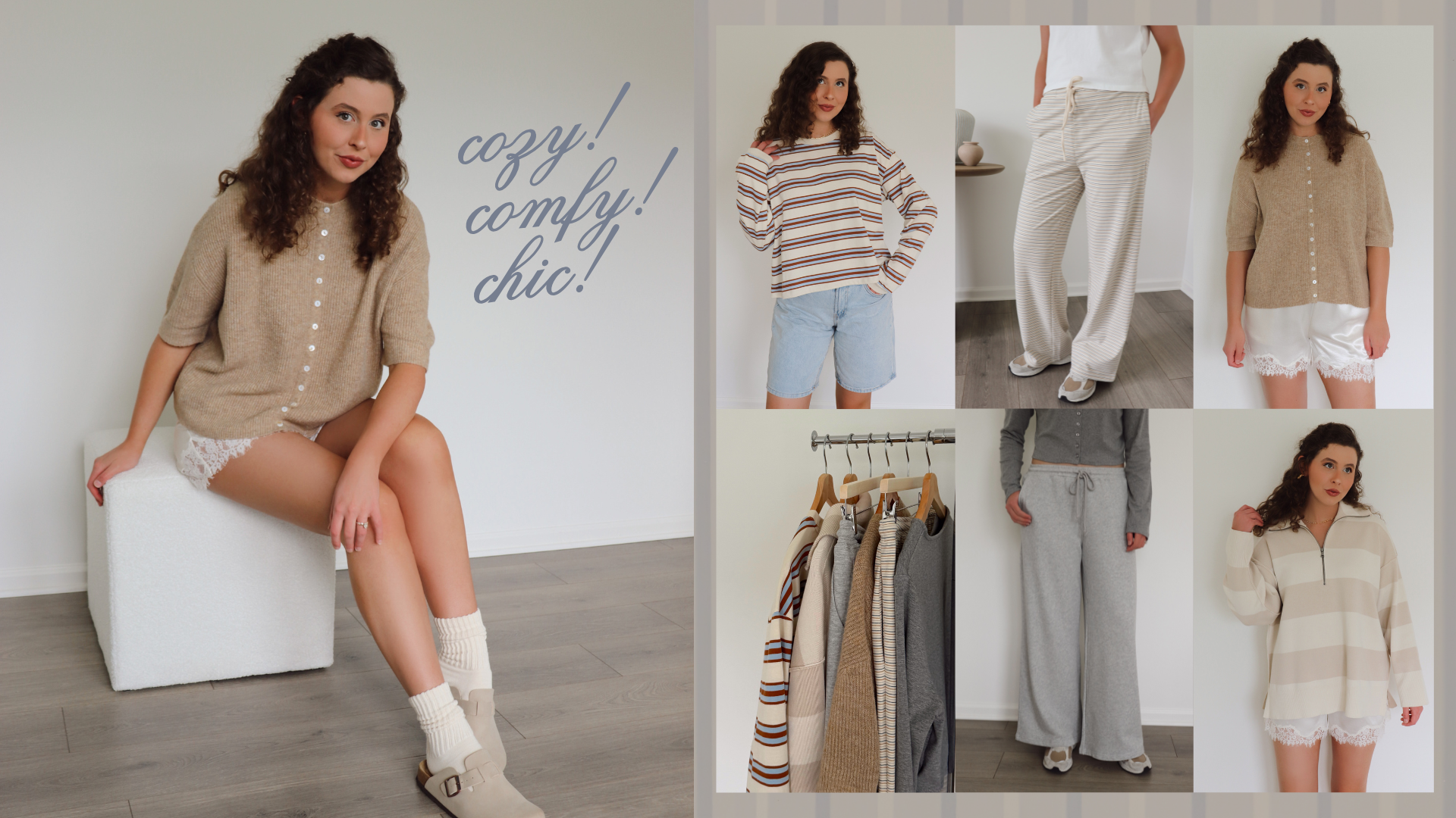 A collage-style fashion photo showing a woman modeling several neutral-toned outfits in a bright indoor room. The left large panel shows her seated on a white block wearing a beige short-sleeve button-front top with white shorts and socks; the right side contains six smaller panels showing additional coordinated looks, including striped knit tops, cream pants, a cardigan, and a striped long-sleeve top.