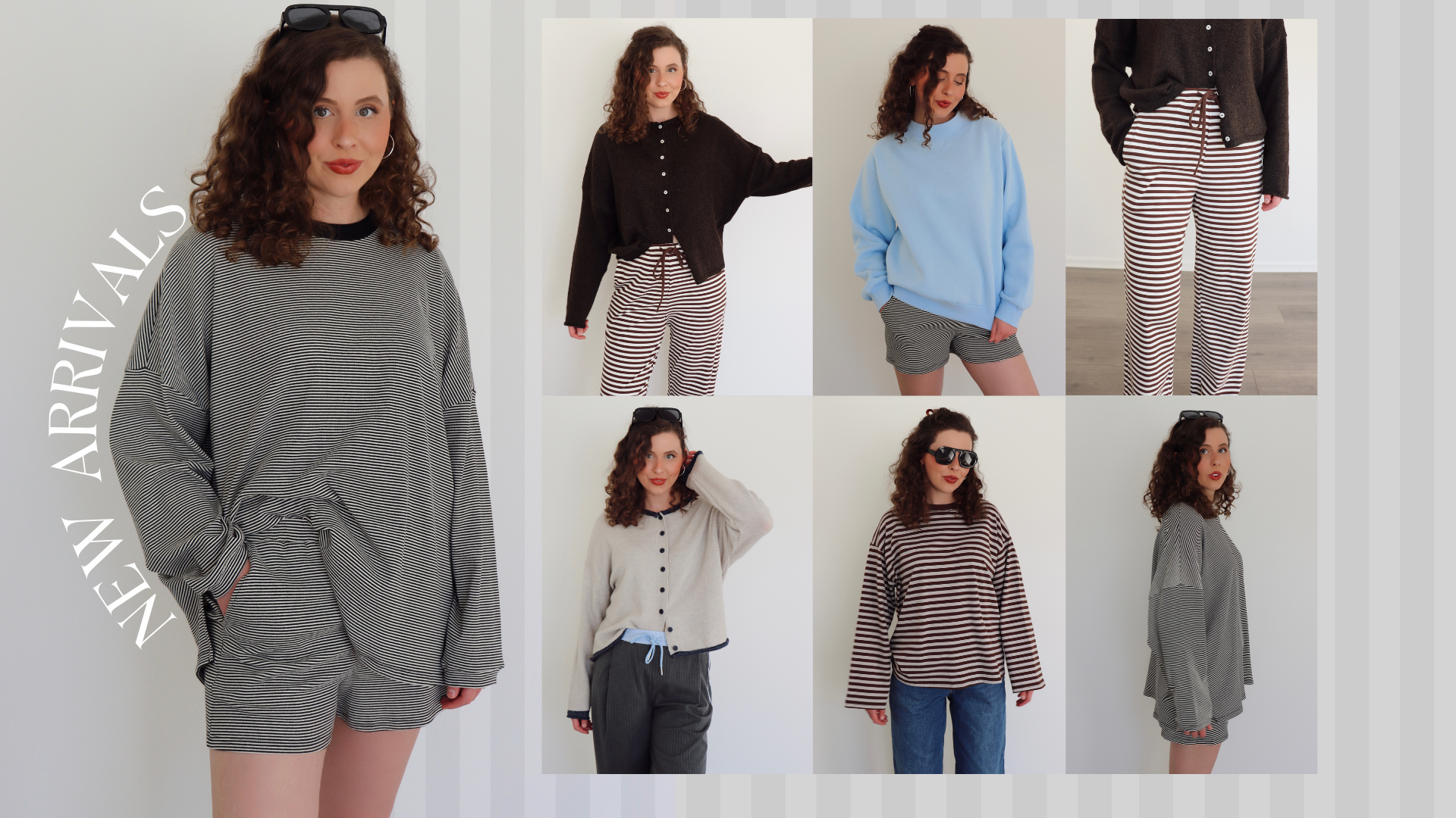 Woman modeling various outfits with text 'New Arrivals' on a white background