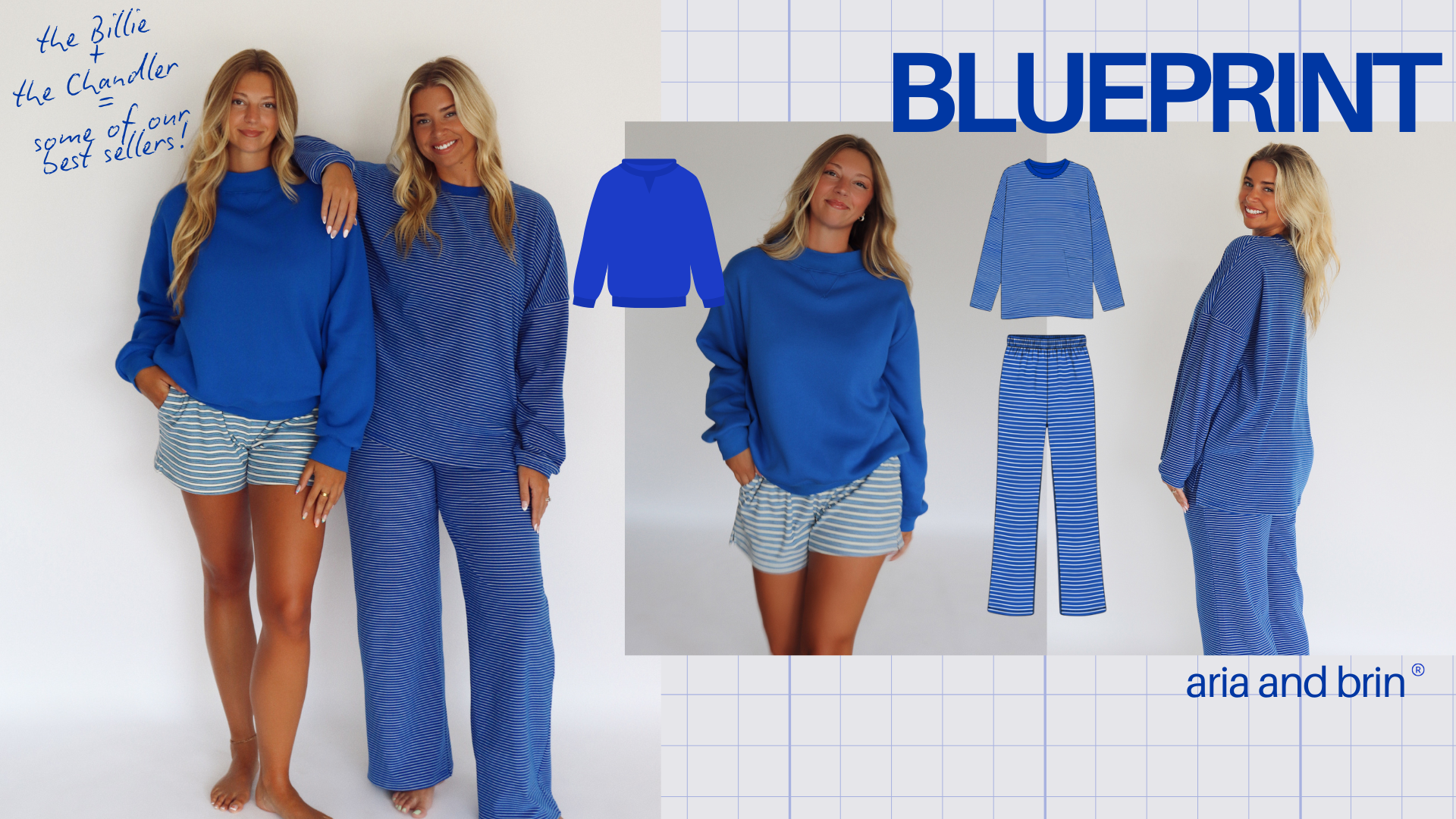 Women modeling cobalt blue set and mock neck sweatshirt with BLUEPRINT promotional text 