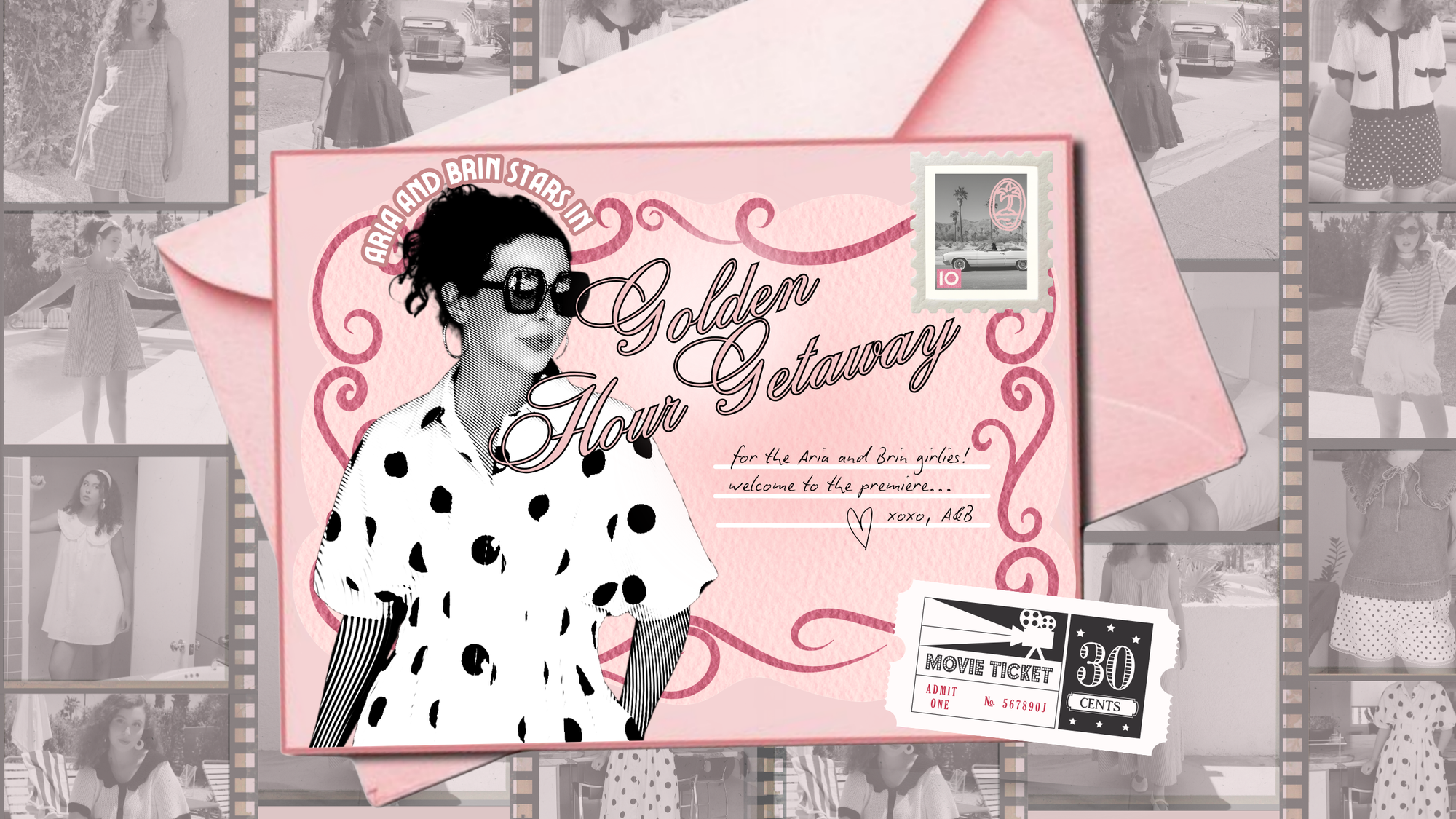 Vintage-style promotional poster with a woman in a polka dot dress and sunglasses, surrounded by pink envelopes and movie ticket.
